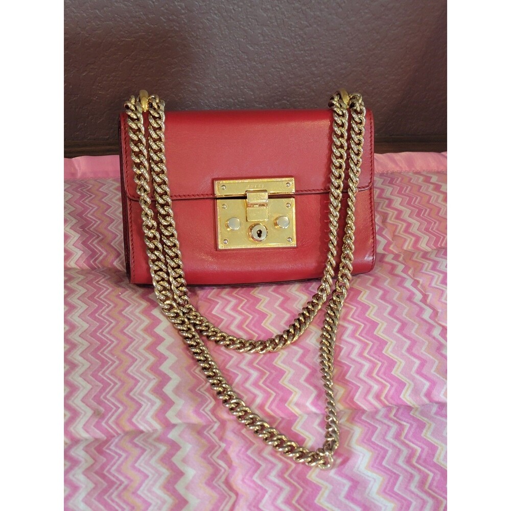 Gucci Padlock Small Red Leather Chain Shoulder Crossbody Bag Gold Hardware